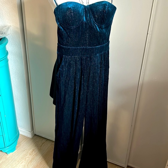 New Main Strip Rhinestone Halter Strapless Sweetheart Neck Teal Velvet Jumpsuit - Picture 16 of 16